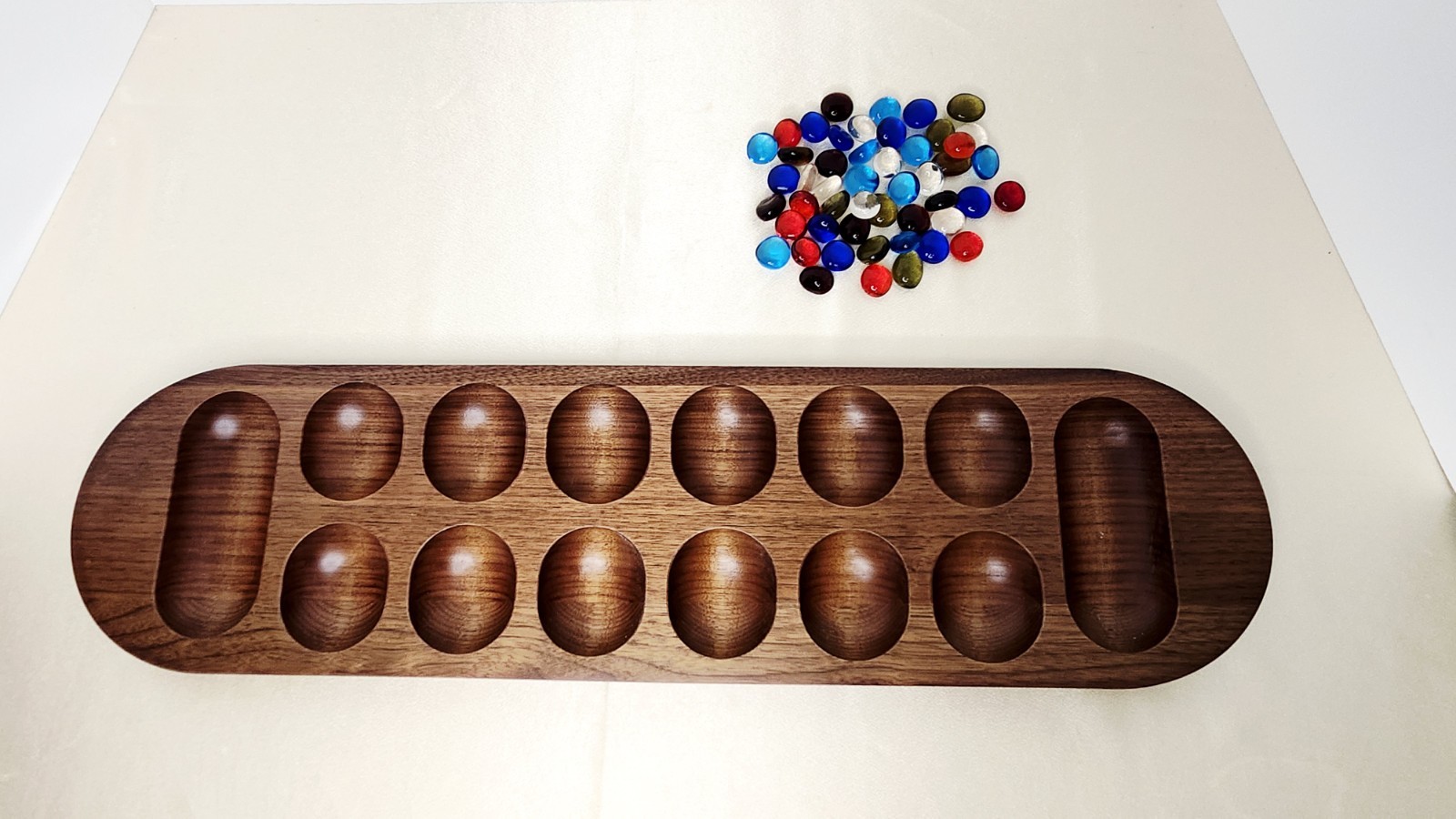 Vtg FAO Schwarz Cardinal MANCALA Premiere Edition Solid Walnut Wood & Gemstones