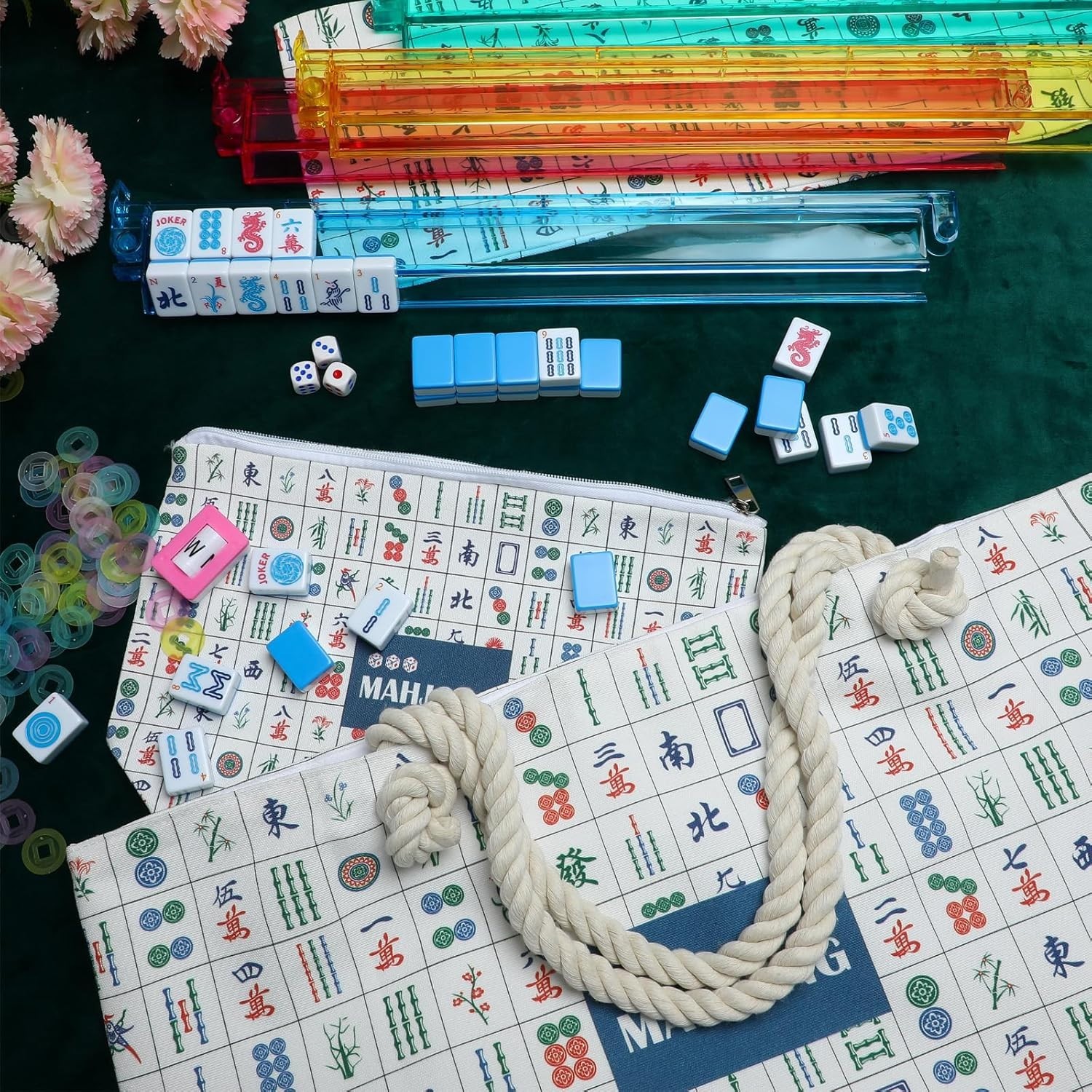 American Mahjong Tile Set, 166 Blue Tiles, 4 All-In-One Rack/Pushers, Complete W