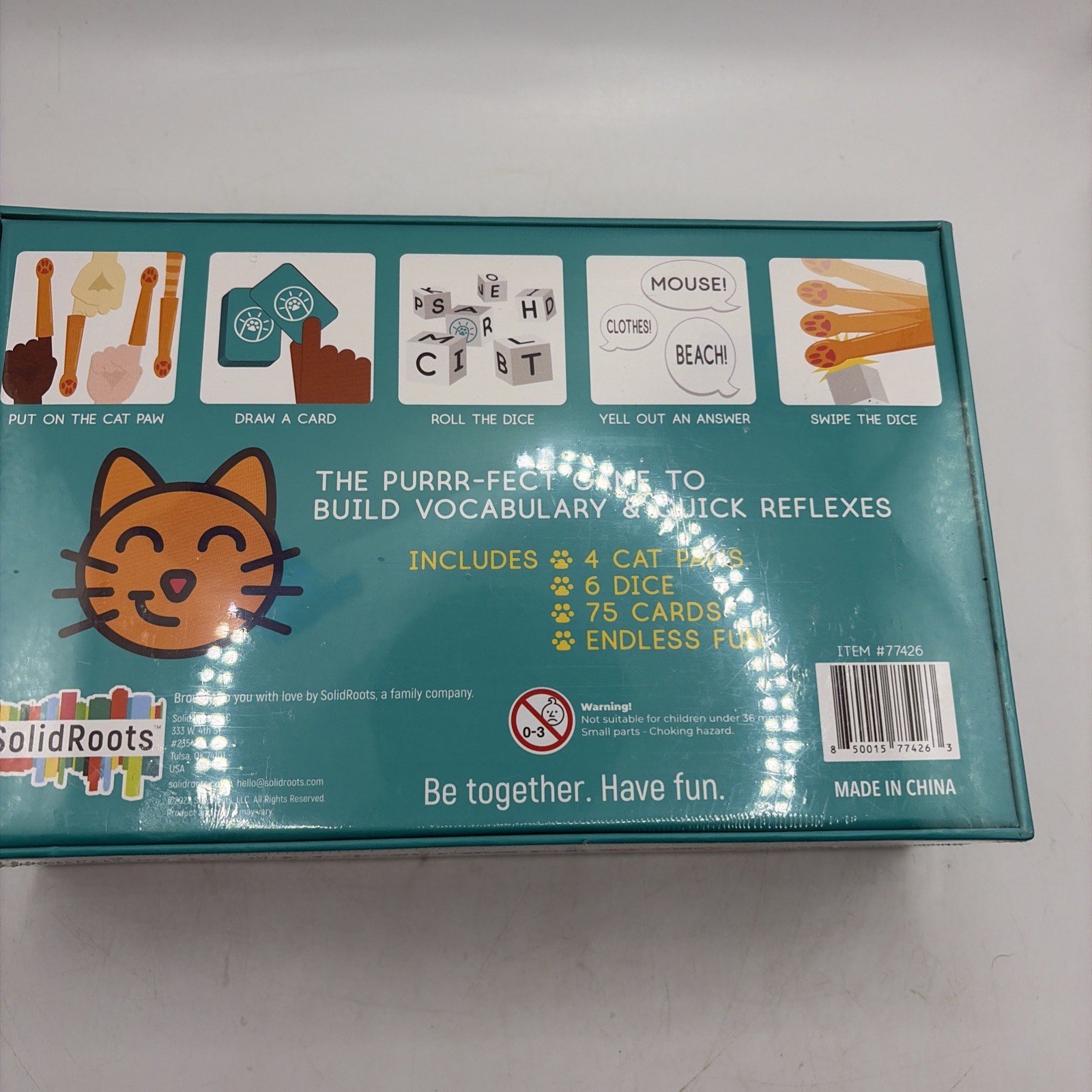 Solid Roots Cat-a-gories Game 2-4 Players 6+Wearable Cat Paws Dice & Topic Cards