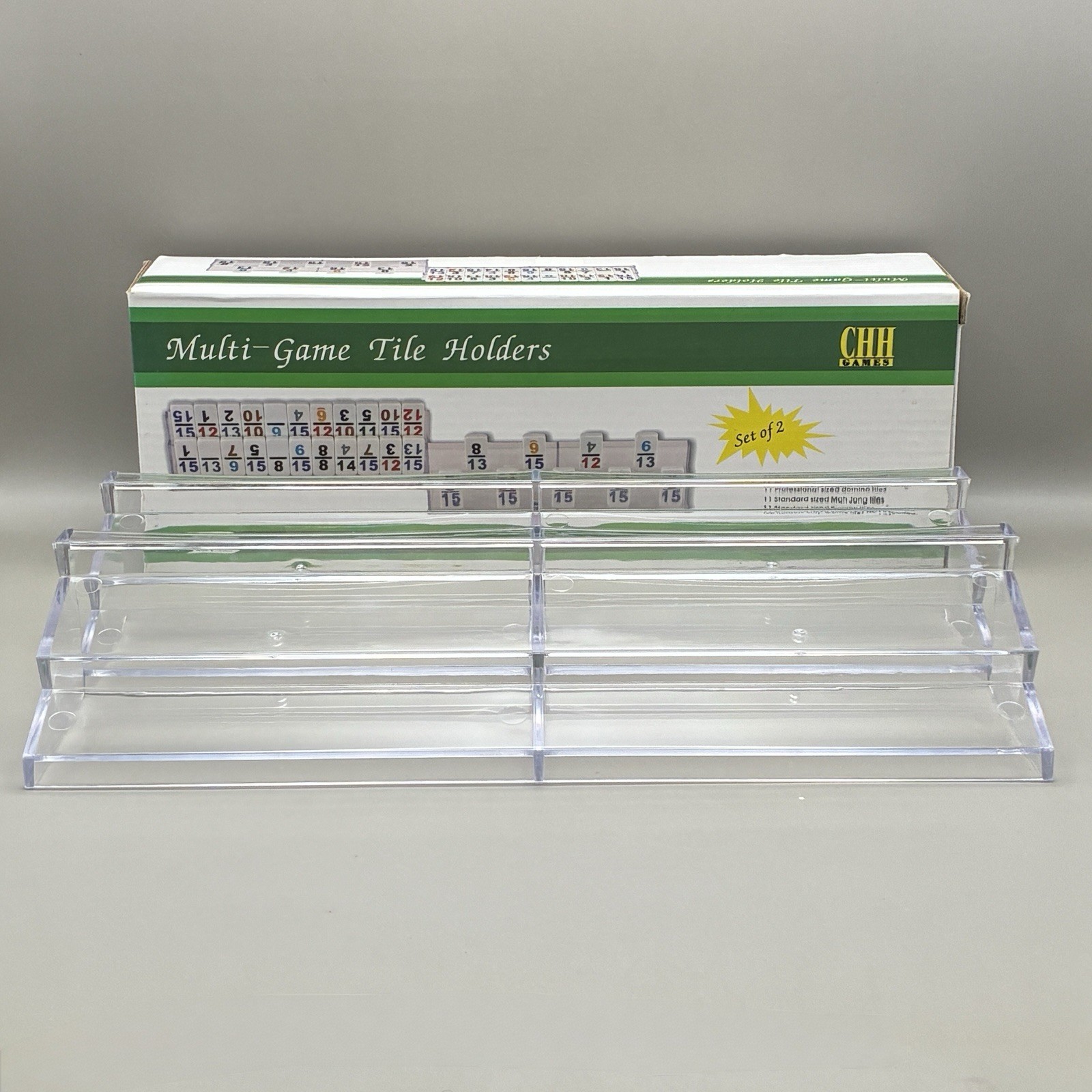 Rummy Mah Jong Tile Holder Set of 4 Clear Acrylic Trays Domino Racks NEW IN BOX