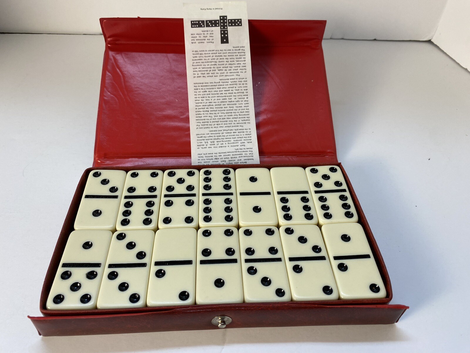 Dominoes Cardinal 28 Ivory White Pieces w/ Red Vinyl Case, instructions, box~Vtg