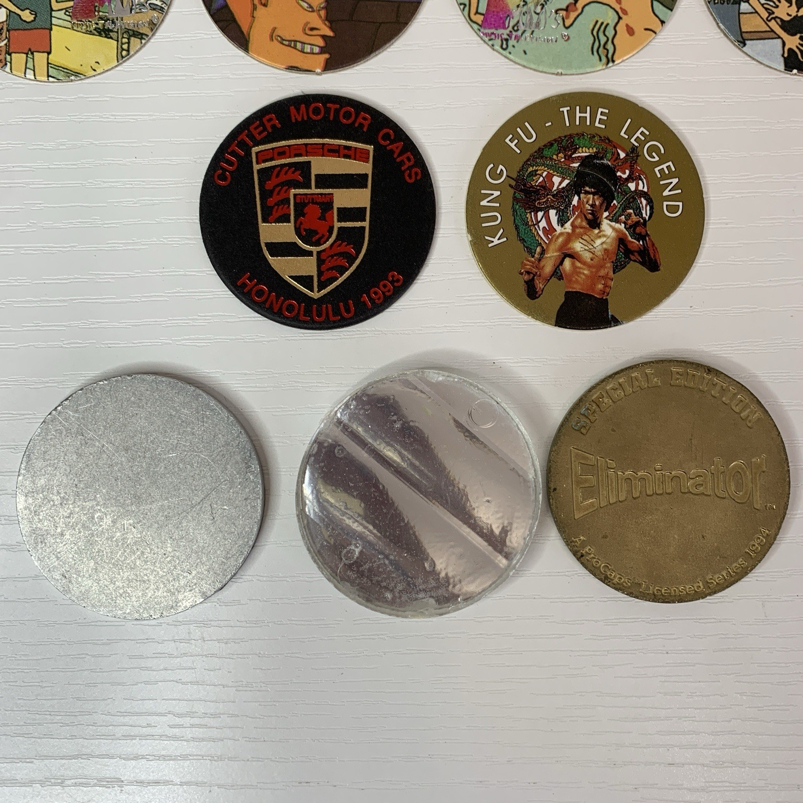 Vintage Pogs Slammers 1992 Beavis Butthead Bruce Lee Porsche Bad Boy Case Xlnt