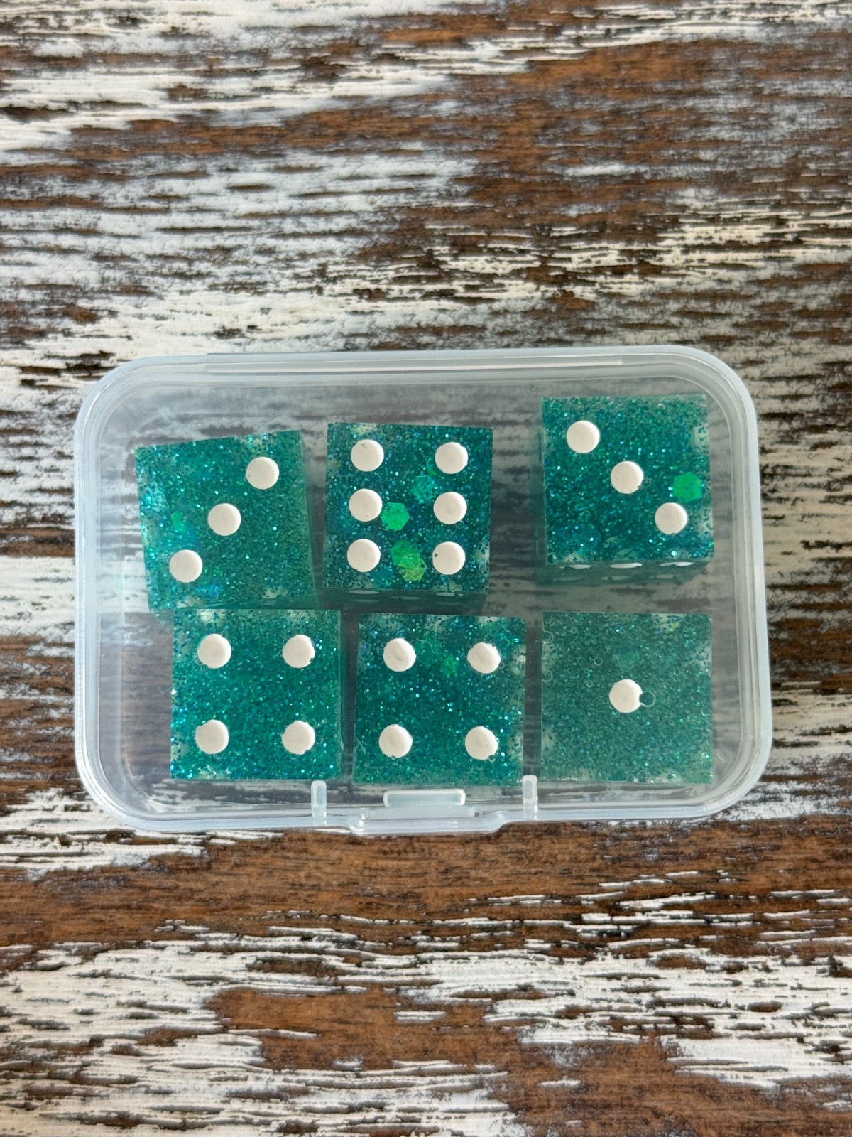 Resin Dice Set 6pcs – Mermaid Sparkles Teal – Handmade Replacement Dice Games