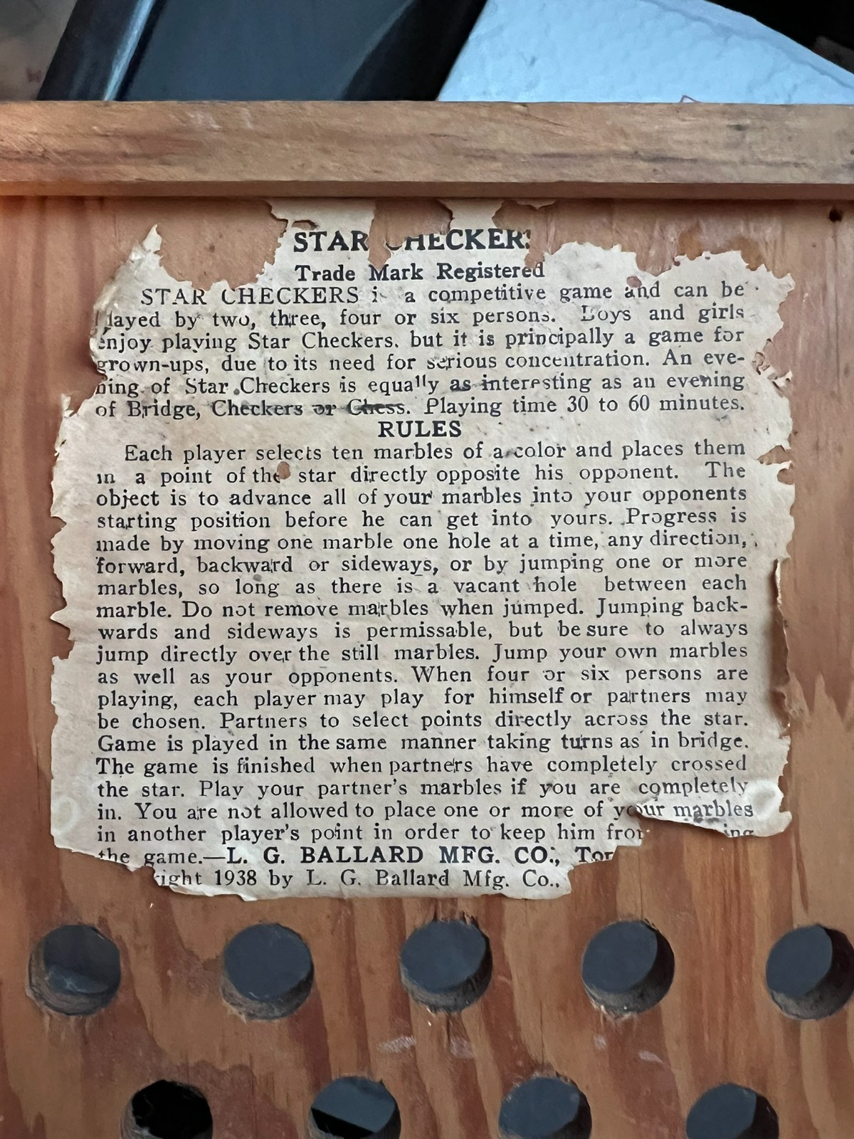 Chinese Checkers The Original Star Checkers Game Board 1938 Vintage Wood