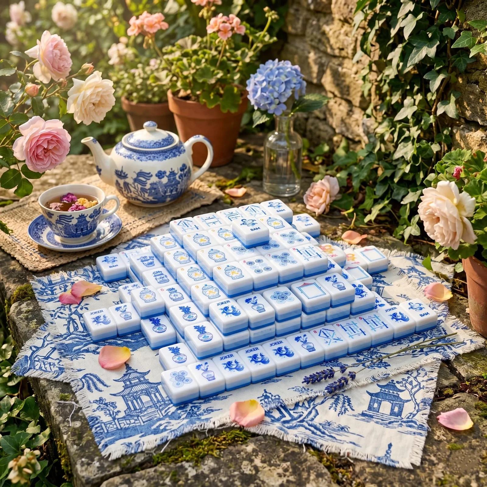 Blue and White Porcelain Chinoiserie Mahjong Tiles – 160 Acrylic Tiles
