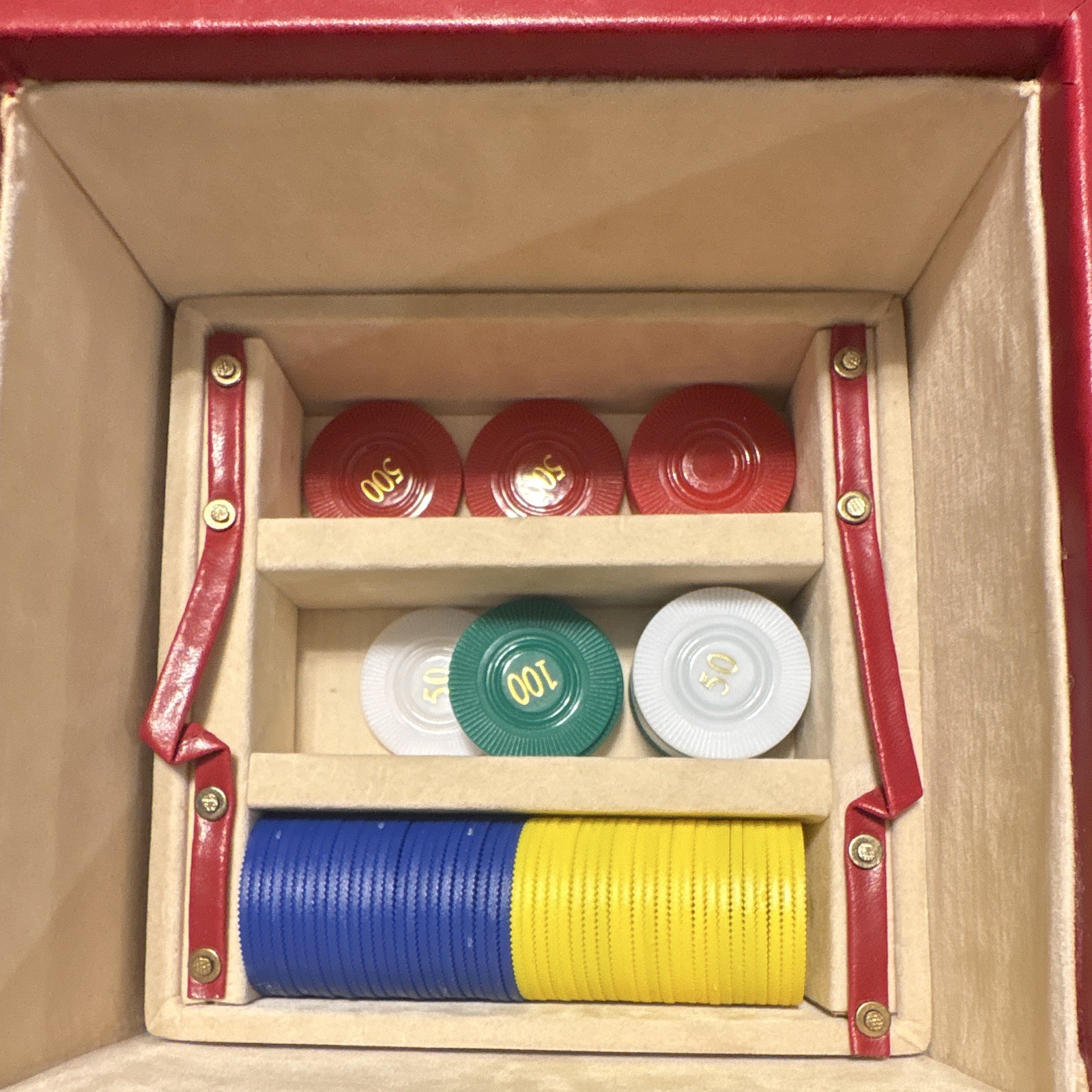 Red Dice-Shaped Travel Game Set w Board, Dominoes, Poker Chips, Cards & Dice
