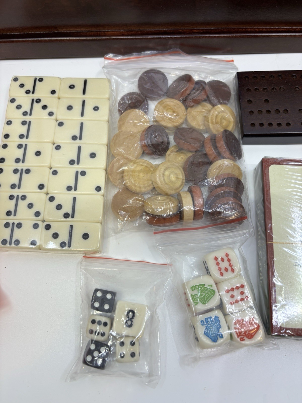 Levenger Wood Game Treasure Chest Chess Checkers Dominoes Cribbage Poker Dice