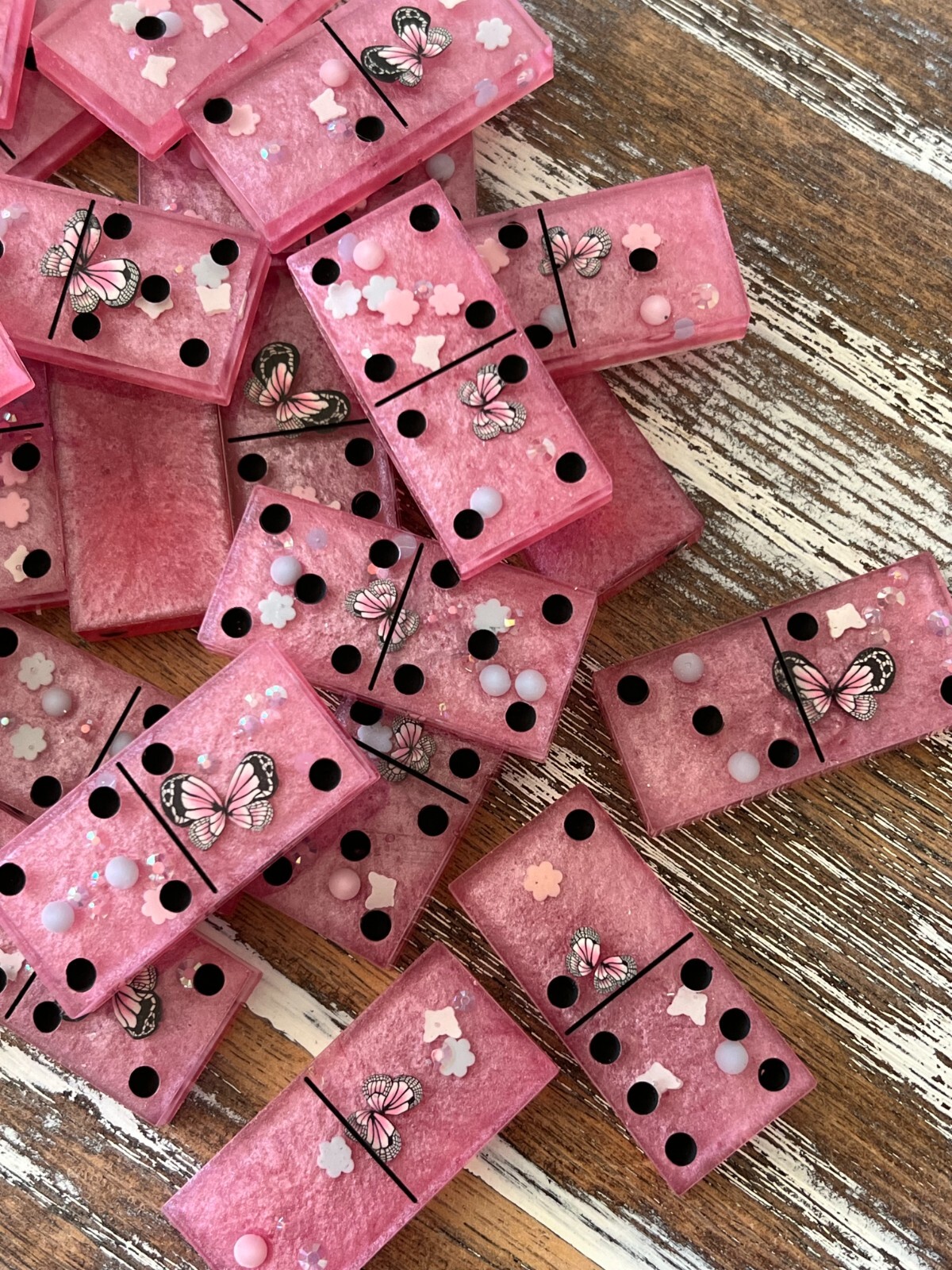 Butterfly Pink Resin Dominoes Game with Velvet Bag 28 pieces Glitter Handmade