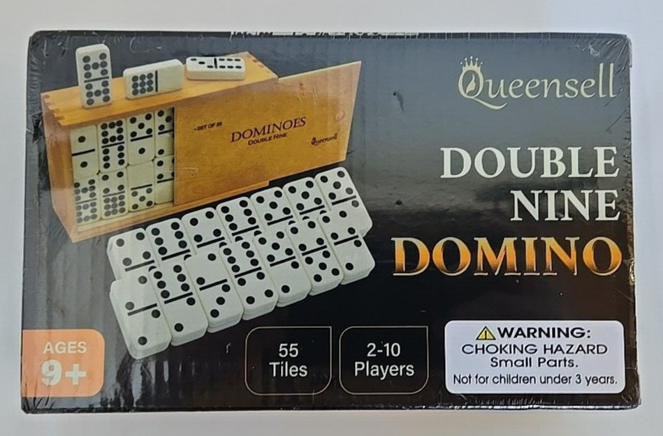 Queensell Double Nine Domino 55 Tiles Wood Case Ivory Color NEW