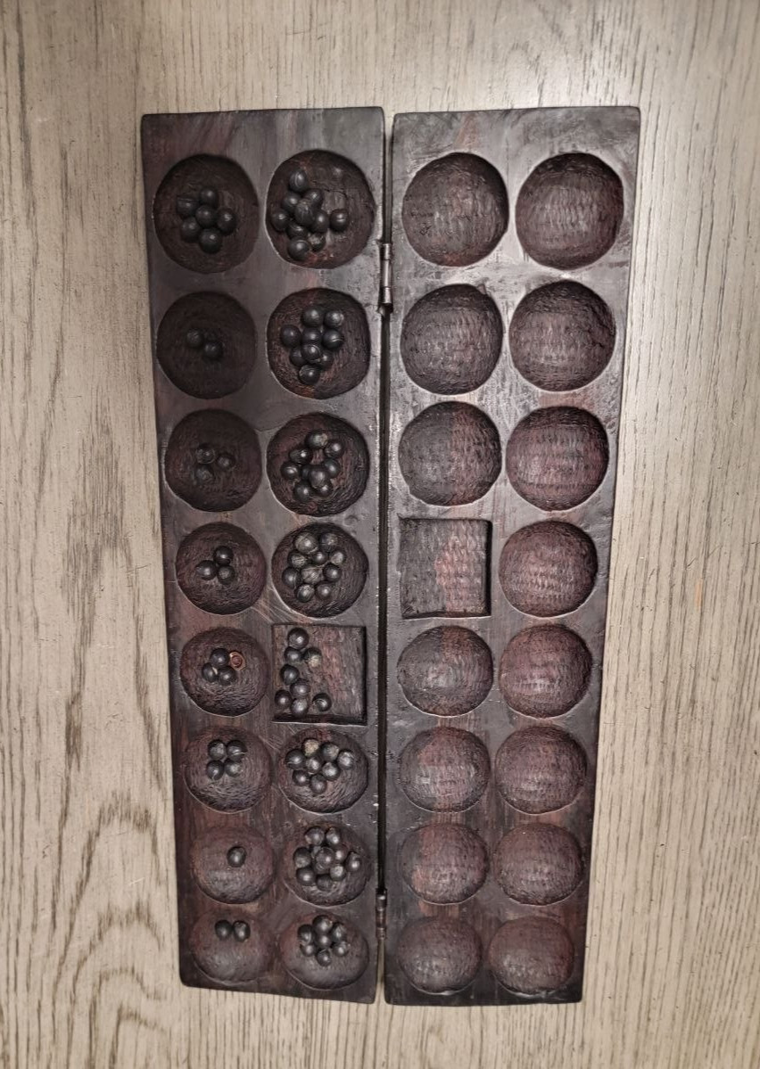 Vtg African Heavy Wood Game Board Antique Bao Mancala Hand Carved Giraffes 17″
