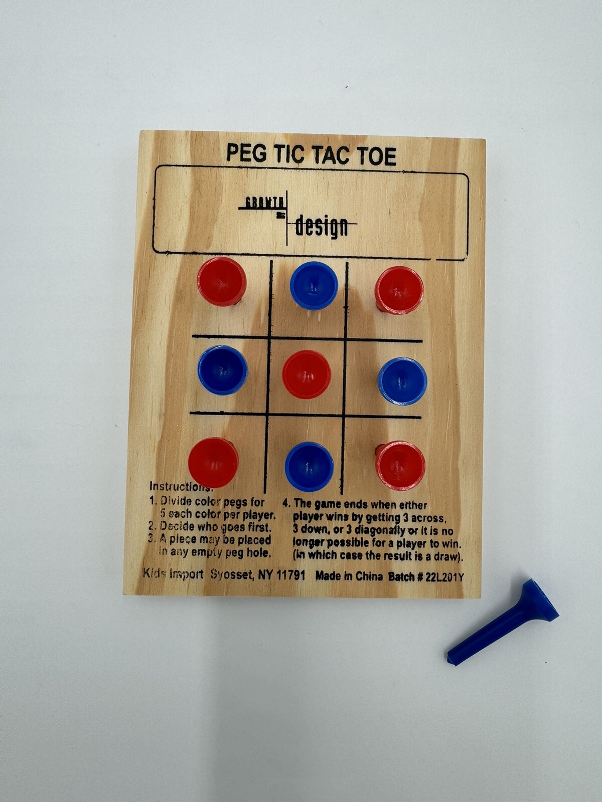 Peg Tic-Tac-Toe Game Wood Board 1 Gameboard 10 Pegs Included Growth by Design
