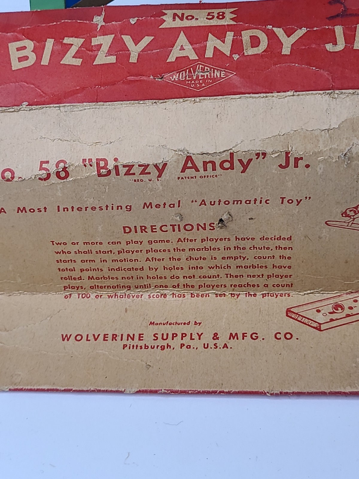 RARE 1920s Wolverine No. 58 Bizzy Andy Jr. Tin Litho Automatic Marble Toy w/Box