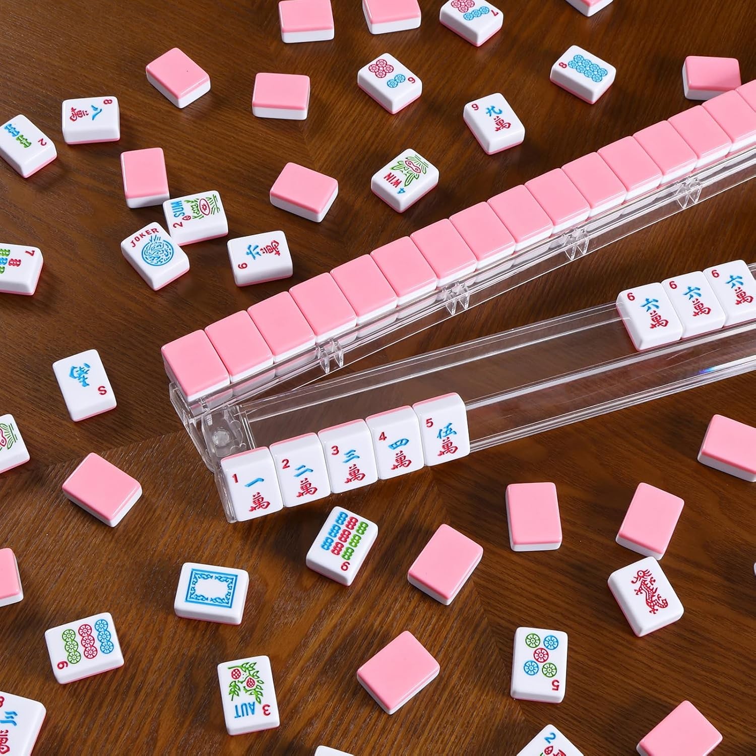 American Mahjong Tiles Clear Mahjong Rack Set with 4 Storage Pushers