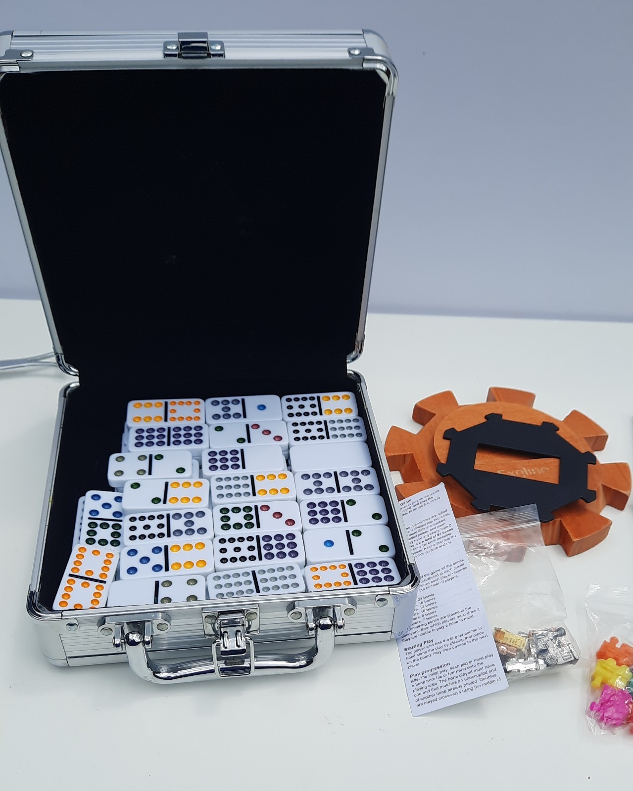 Mexican Train Domino Game Set Double 12 Dominoes Aluminum Case Complete W Extras