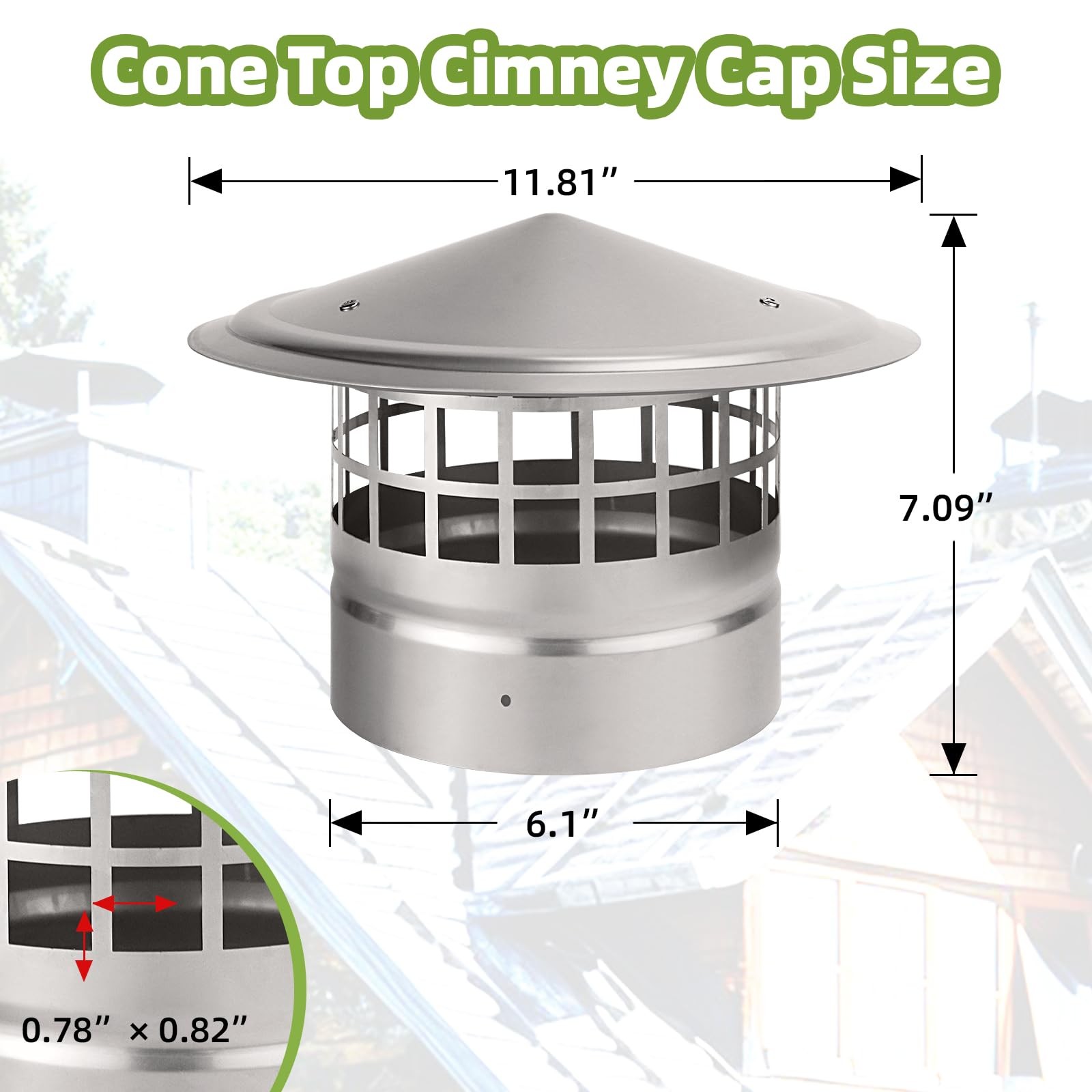 6 Inch Round Chimney Cap,Cone 6 inch Cap-Square Screen, Silver/Black