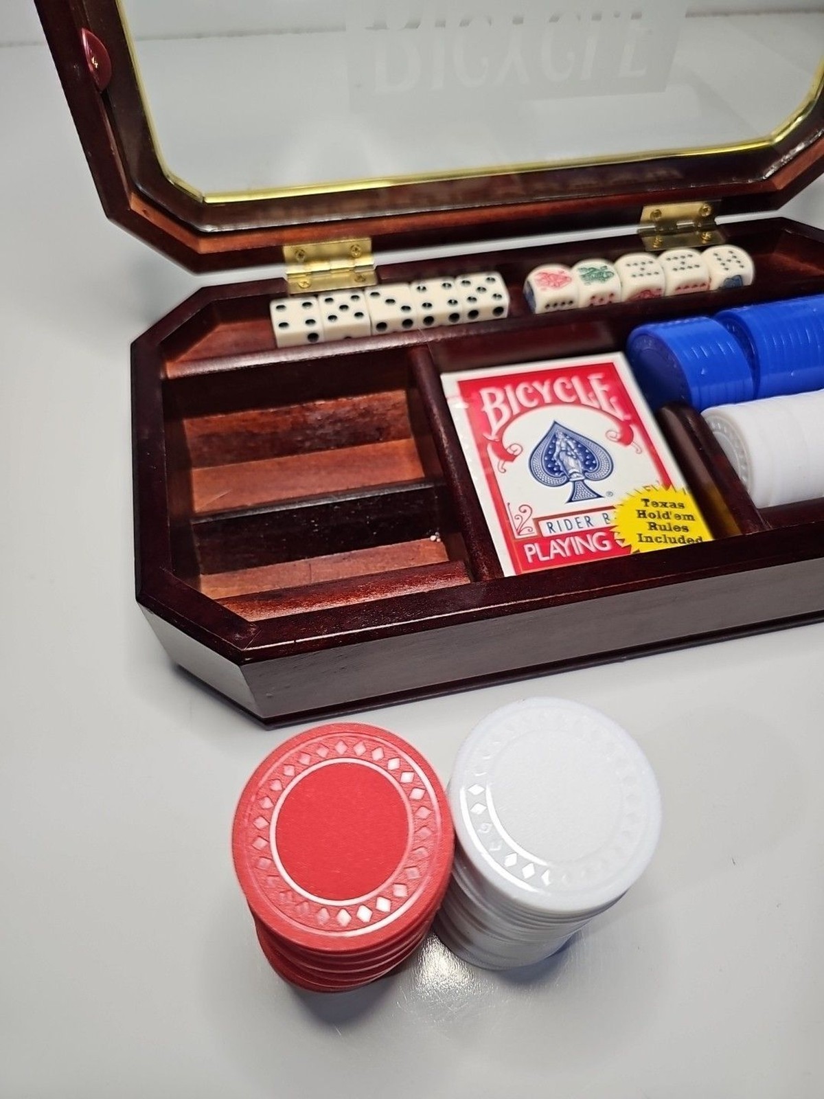 Bicycle Poker Set 1 Sealed Deck 10 Dice Red, Blue and White Chips Wood Box Glass