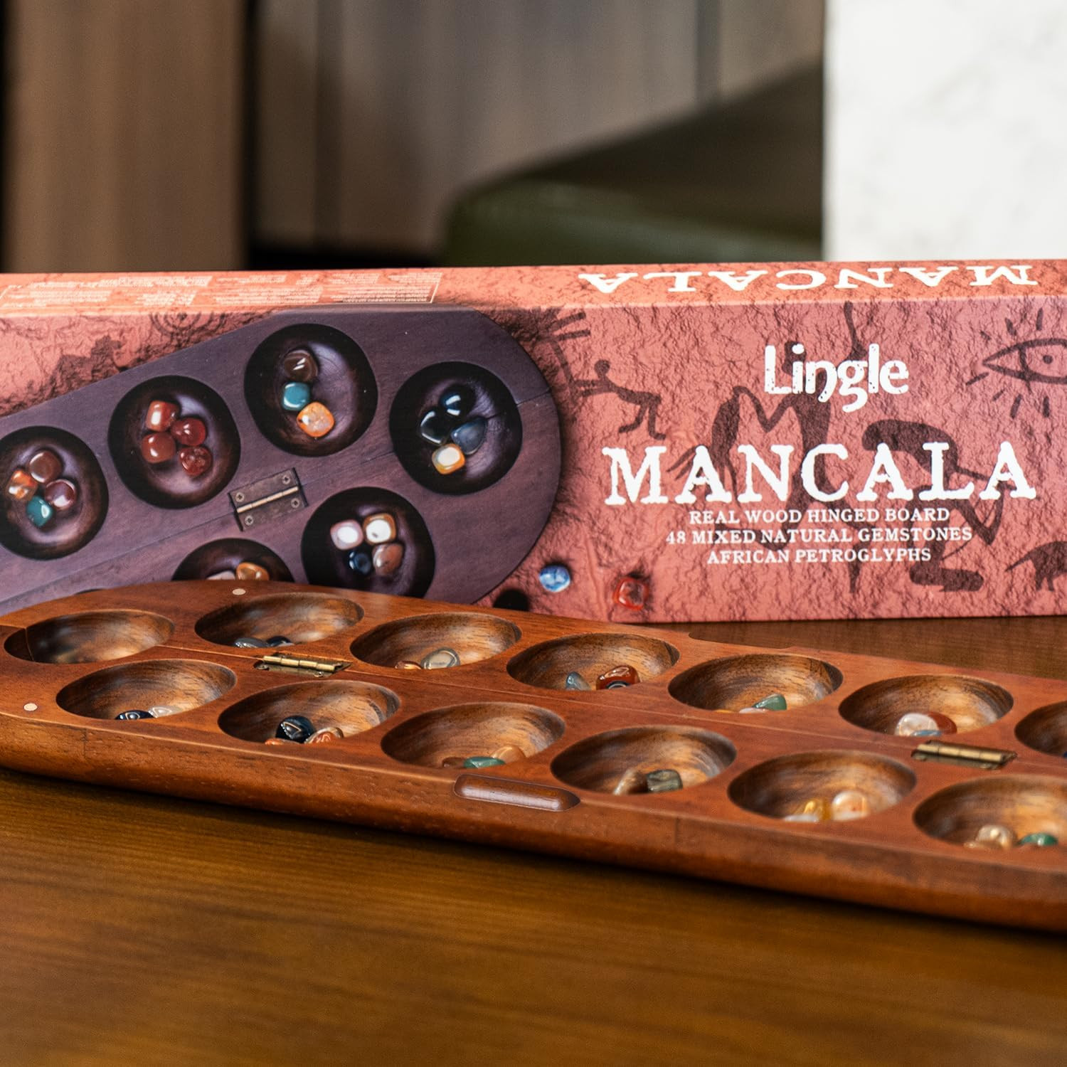Deluxe Mancala Set: Real Wood Hinged Board with 48 Natural Multicolor Stones – A