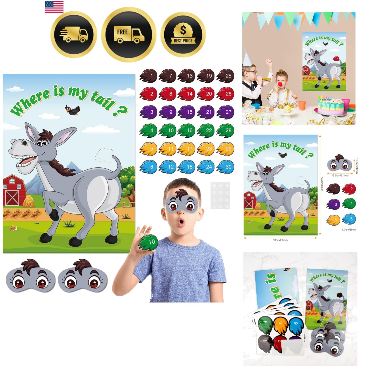 Pin The Tail on The Donkey, Party Game with 30 Pcs Tails for Kids Birthday Pa…