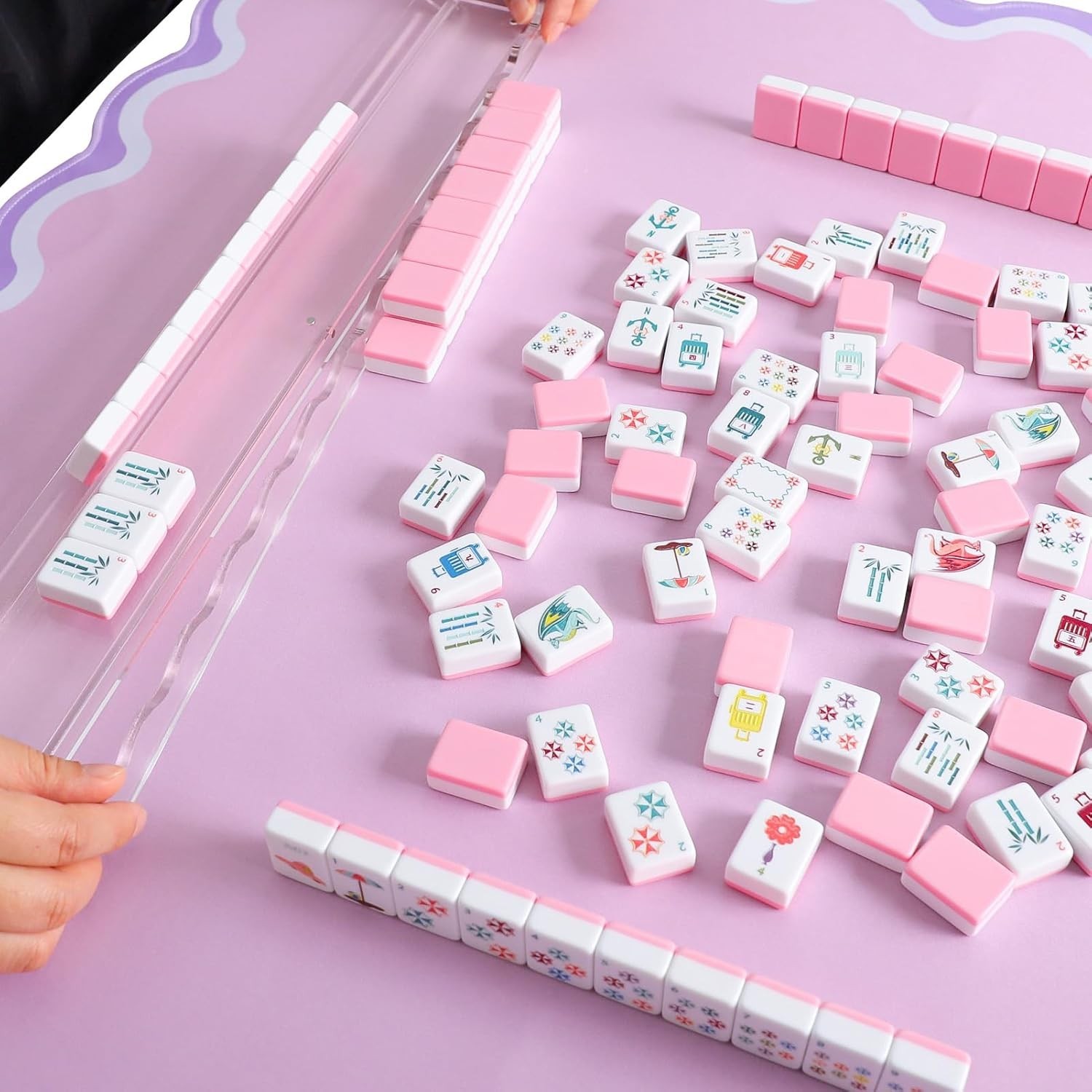 160 Pink Engraved American Mahjong Game Set with Carrying Bag and Accessories, 1