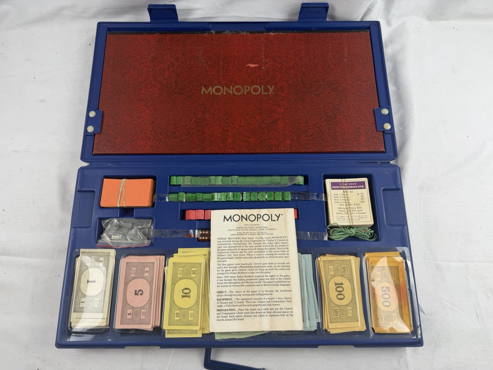 Vintage 1973 Monopoly Board Game Blue Hard Plastic Travel Case Complete