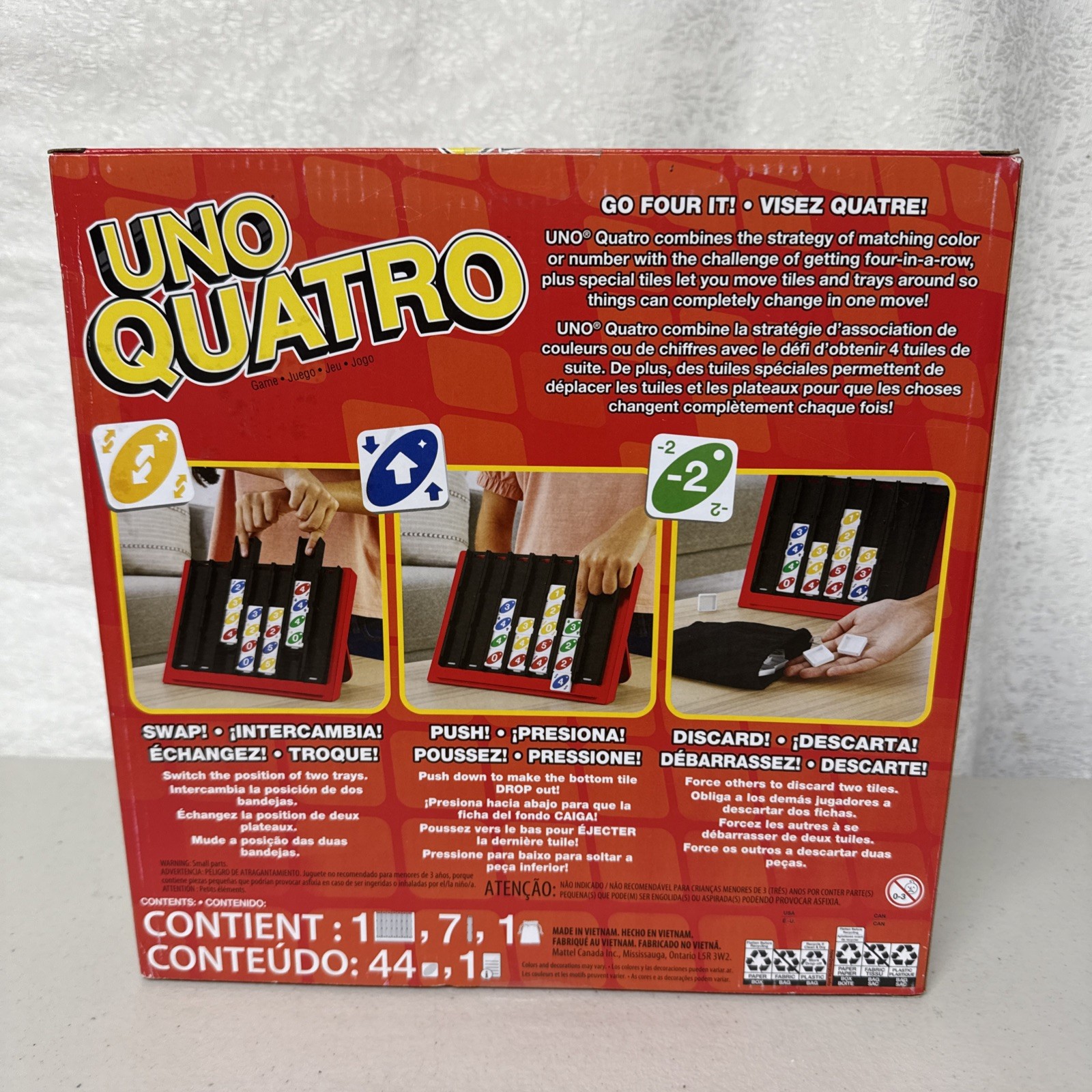 UNO Quatro Game with Colored Tiles & Plastic Game Grid for Adults/Family