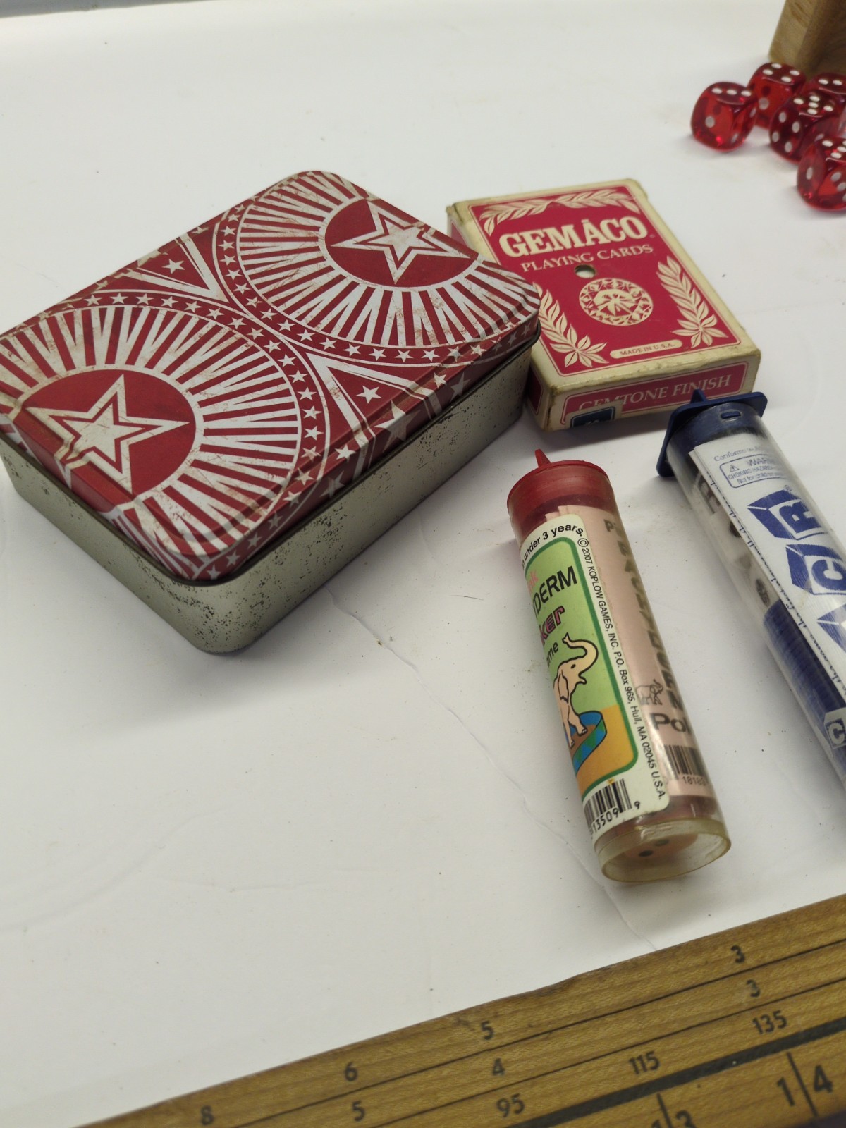 Vintage PhilipMorris Poker Tin w/ Cards, Poker Dice + Pachyderm Poker& LCR Game