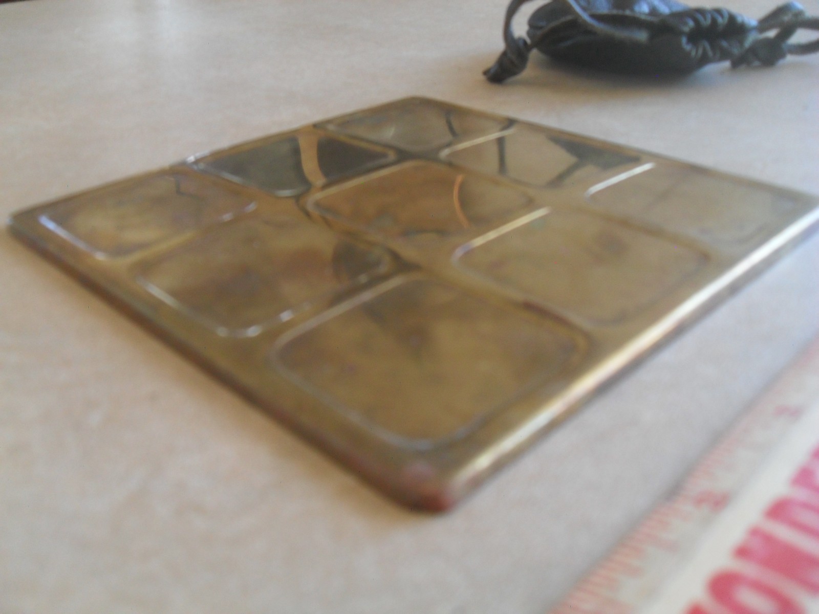 Vintage Brass Tic Tac Toe Board Game – 5.625″ Square – 5 X and 4O Pieces
