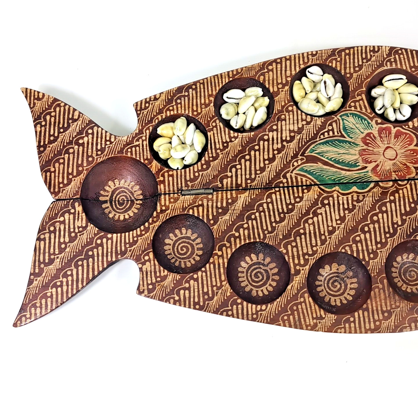 VTG Handmade Painted Fish Mancala Board Wood Shell Kalah Dakon Congklak Folk Art