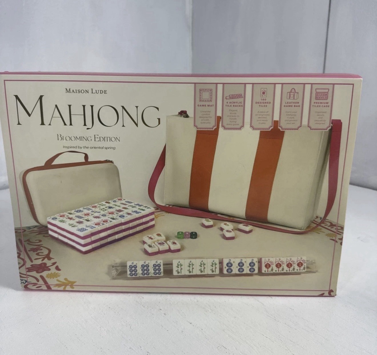 Mahjong Blooming Edition Game Set Tiles Racks Case Tote Bag 160 Acrylic Engraved