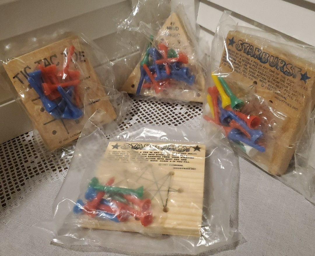 Lot 4 VTG 1987 Cardinal Industries Wooden Peg Games Starburst Tic Tac Toe Magic