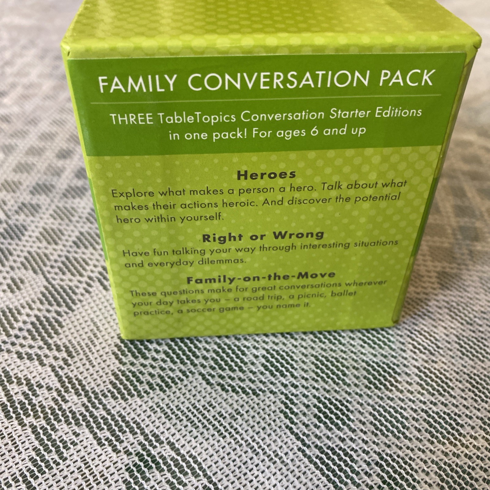 Table Topics Family Conversation Pack Heroes, Right/Wrong, On The Move Sealed