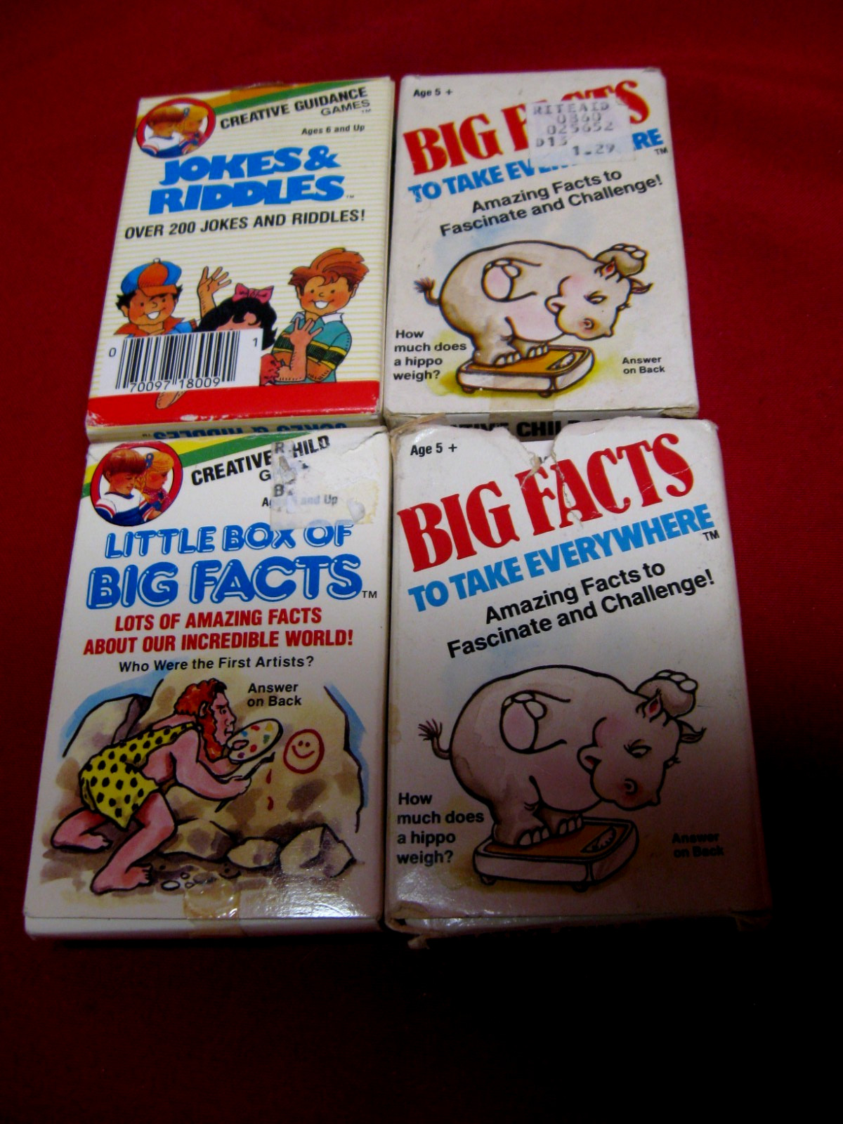 CREATIVE CHILD GAMES BIG FACTS JOKES AND RIDDLES CARD GAMES. – LOT OF 4 BOXES