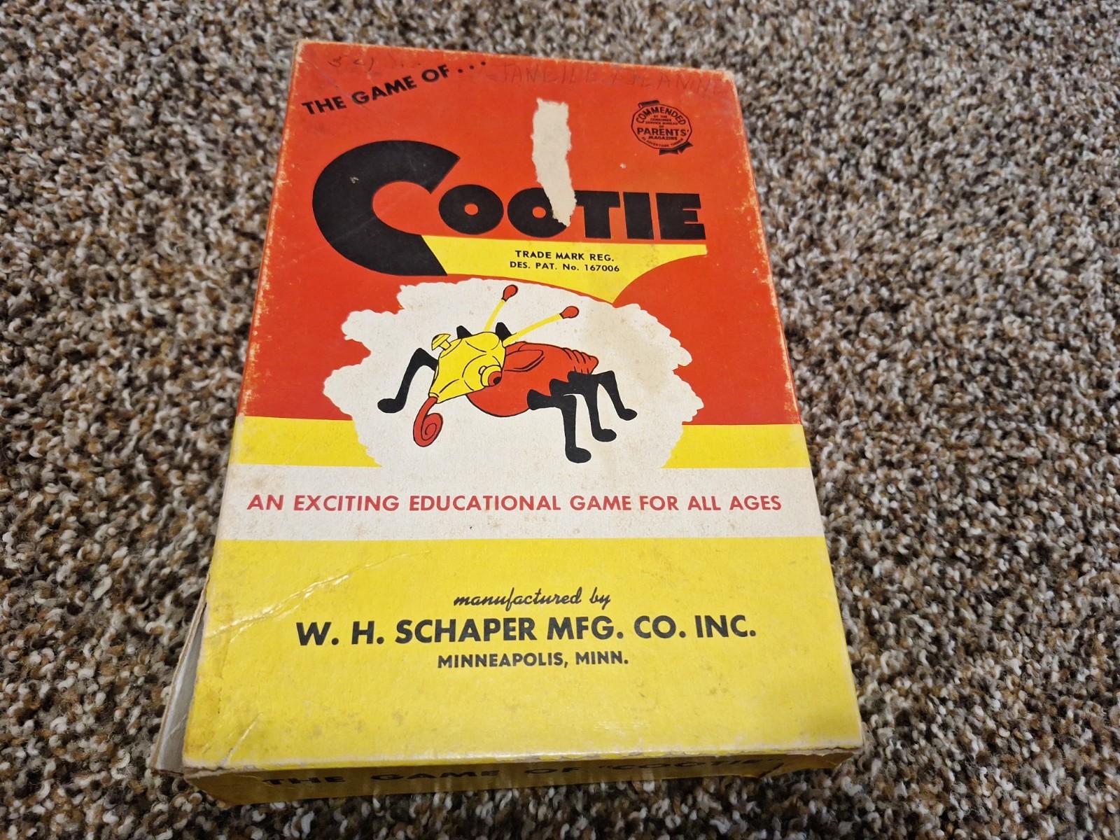 W.H. Schaper Cootie Educational Board Game Bugs & Insects Theme 1949 Vintage