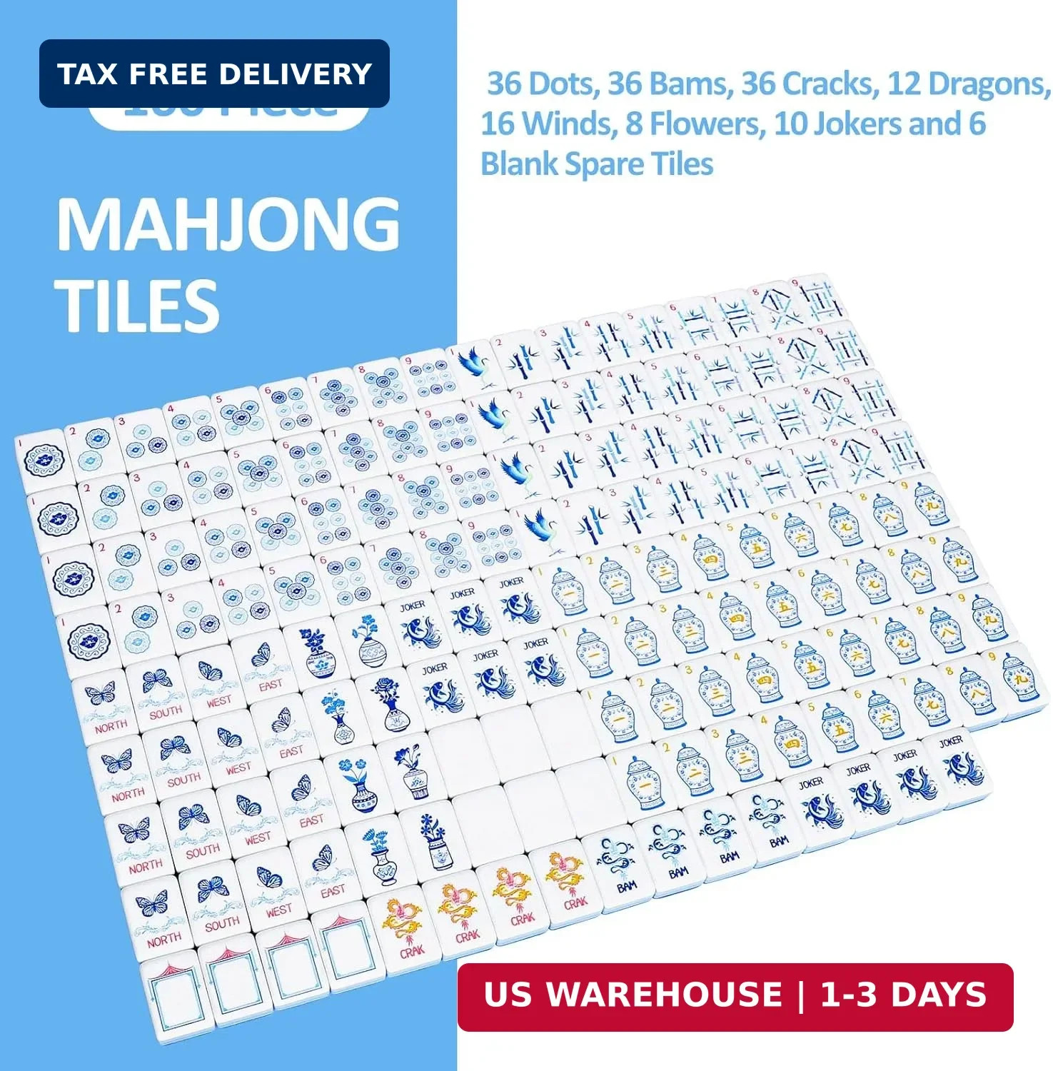 Light Blue American Mahjong Tile Set(1.2″), 160 Engraved Tiles with Mahjong Tile