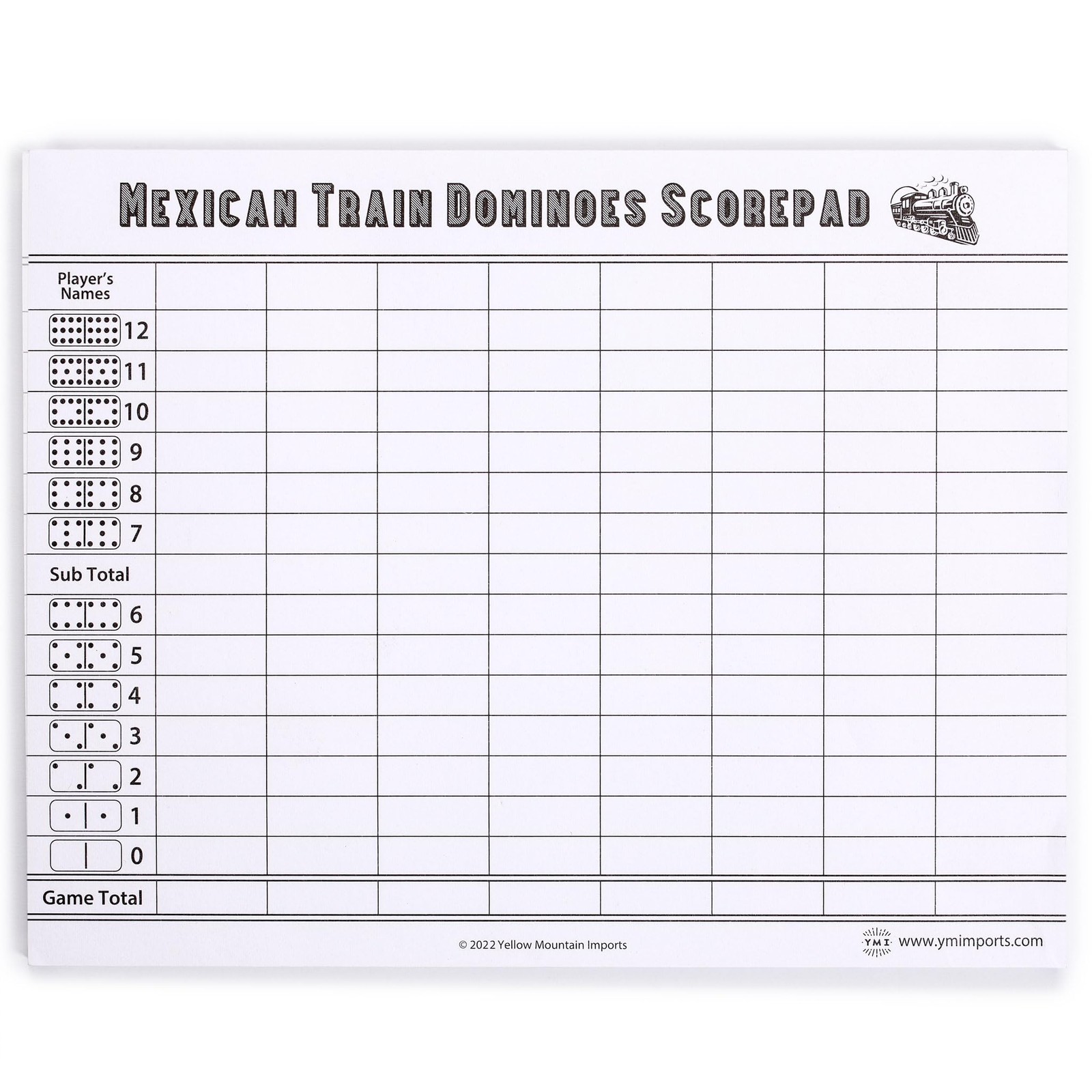 Yellow Mountain Imports Mexican Train Dominoes Scorepad – 50 Sheets