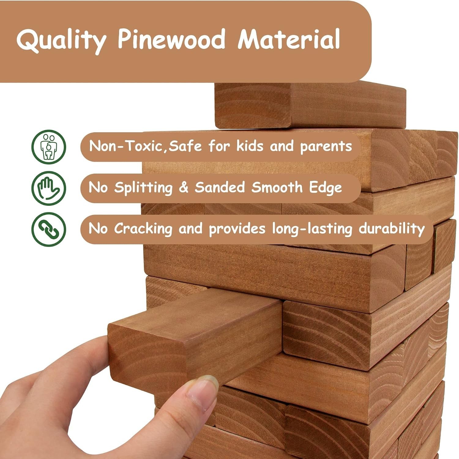Giant Wooden Tumble Tower Game Set 54 Pieces with Dice & Bag for All Ages