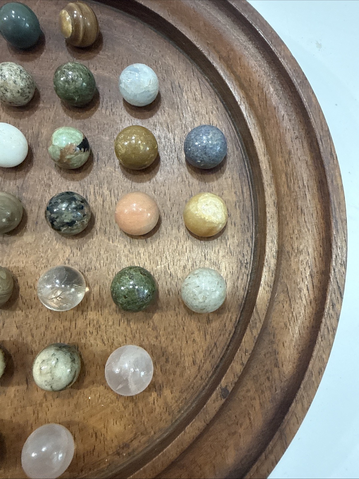 Vintage Wooden Solitaire Game with 37 Semi-Precious Stone Marbles