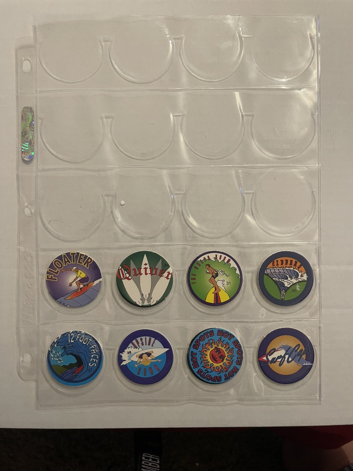 Vintage 90s Pog Milk Caps Lot of 28 SURF THEME Collectible Game + 2 Pages