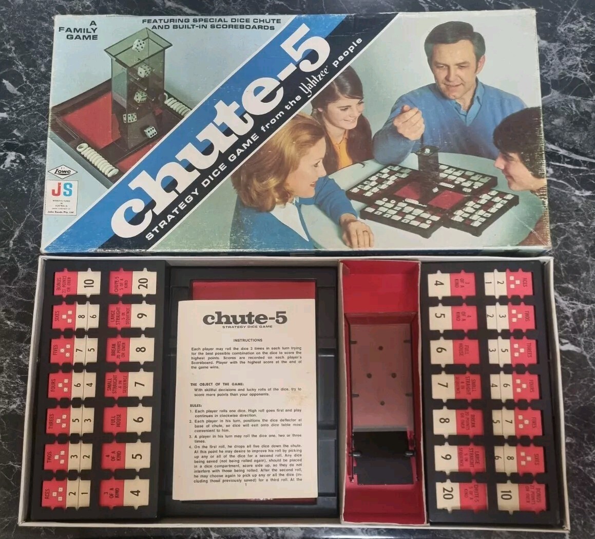 Vintage Milton Bradley Board Game Chute-5 Yahtzee Dice Stratergy Game Rare 1973