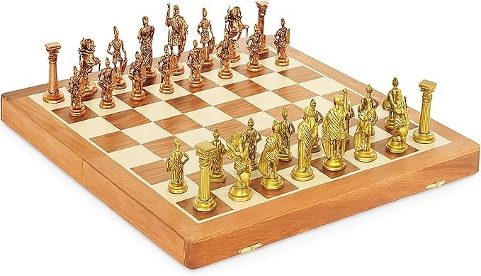 Brass Chess Set | Maple Wood Folding Board | Antique-Finish Metal Pieces,