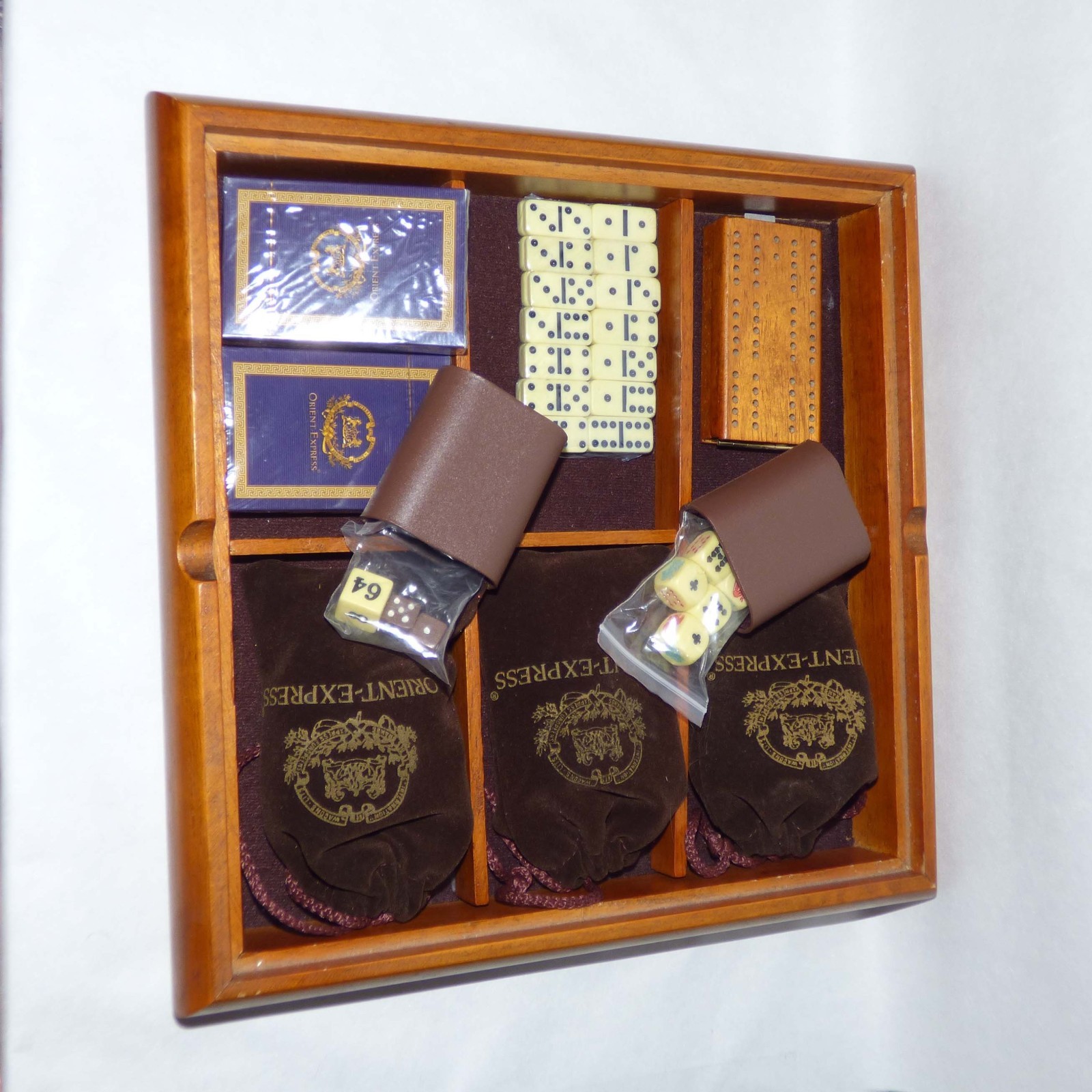 Orient Express Luxury Wood Game Set Chess Backgammon Dominoes Cards Complete