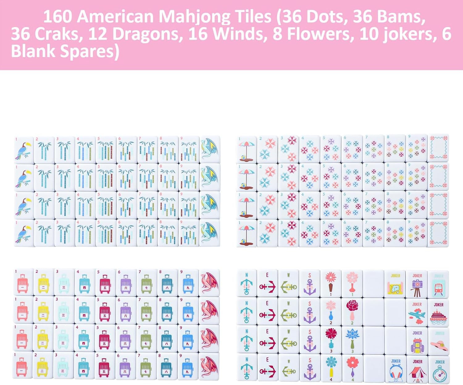 160 Pink Printed American Mahjong Game Set with Carrying Bag and Accessories, 1.