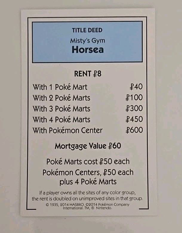 2014 Monopoly Pokémon Misty’s Gym Horsea Light Blue Title Deed Card Game Piece