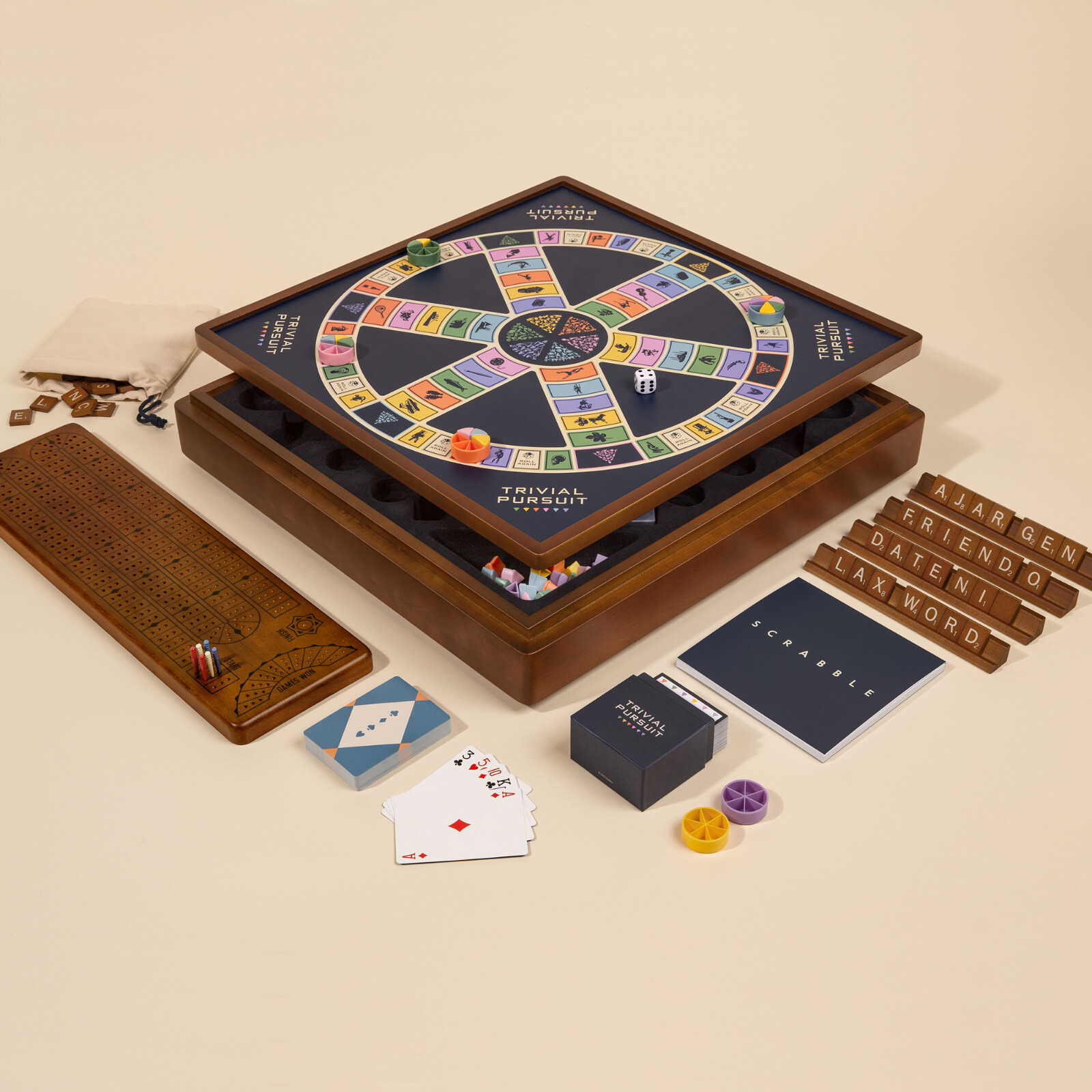 WS Game Co. 3-in-1 Premium Game Collection: Scrabble, Trivial Pursuit, Cribbage