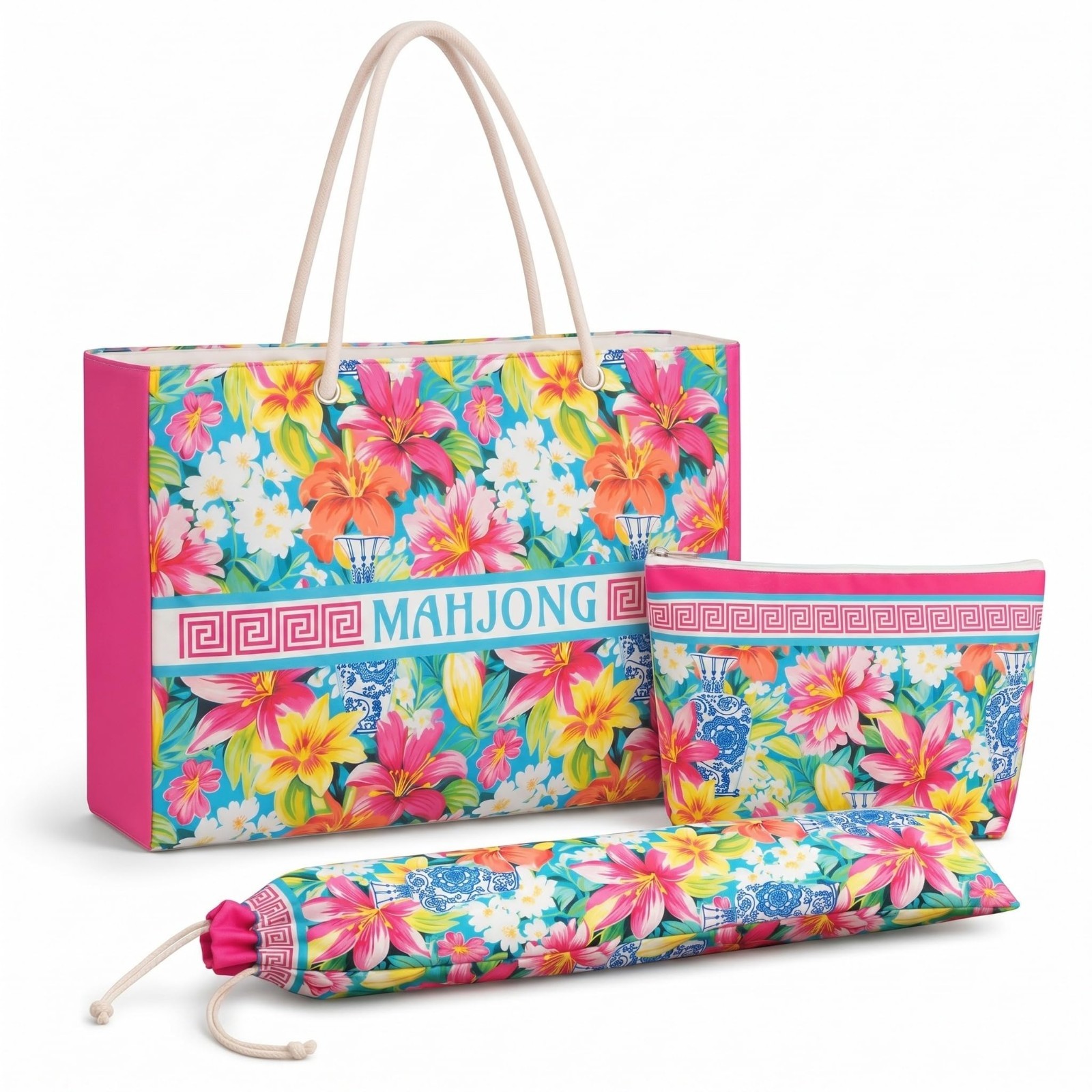 3 Pcs Mahjong Bag Set – Zippered Carrying Case, Tile Holder & Drawstring Sleeve