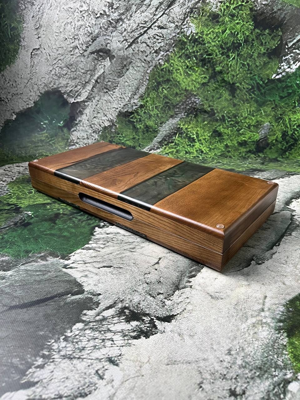 Green Epoxy River Backgammon Set | Natural Wood Luxury Game Board 50×50 cm