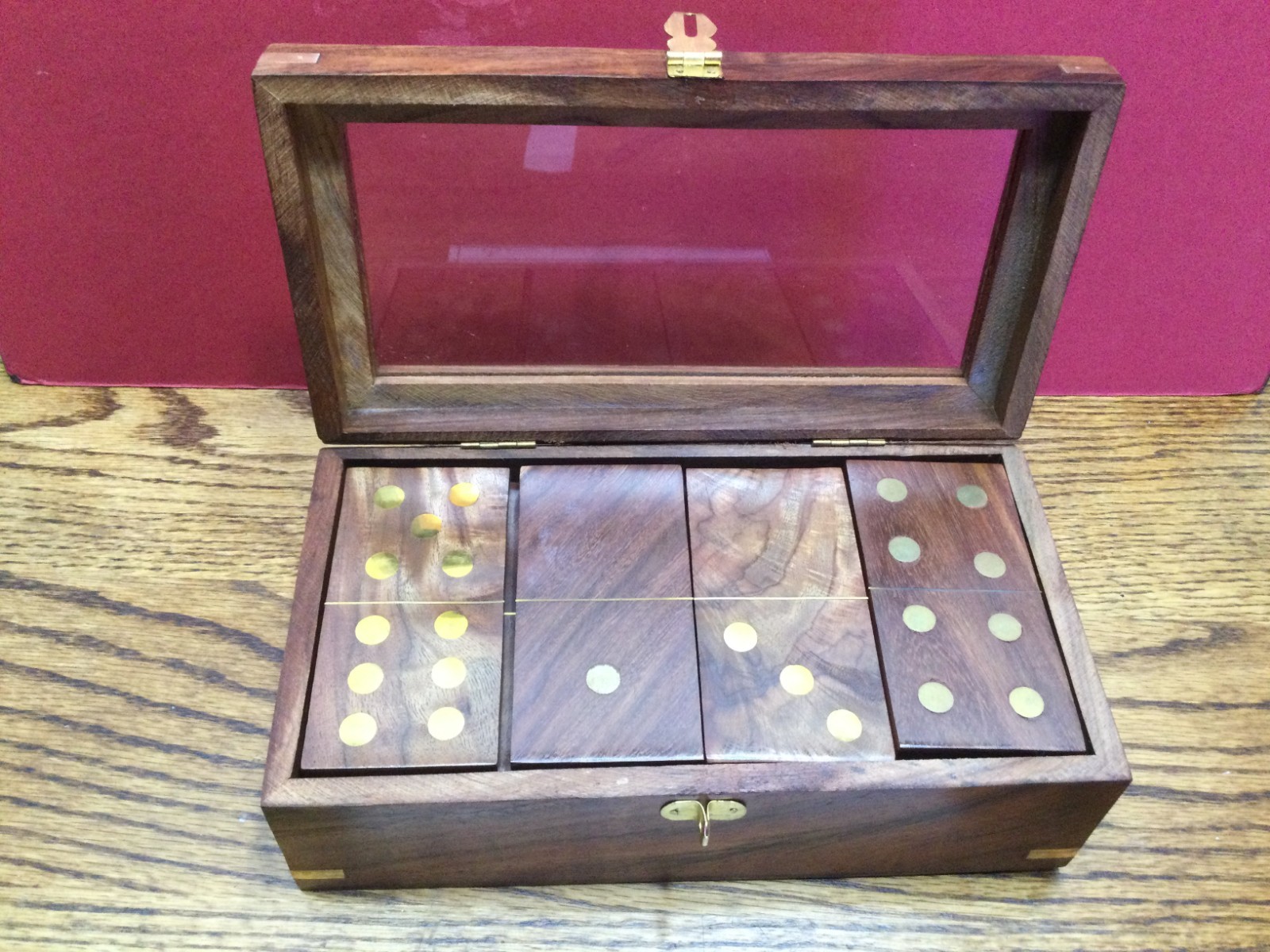 Wooden Domino Set with 28 Brass Inlay on 4″ x 1 7/8″ Tiles & Storage Box