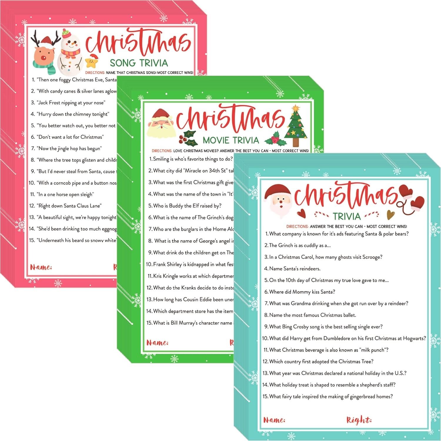 Christmas Trivia Game Cards 63 Pcs Guessing Activity 3 Themes