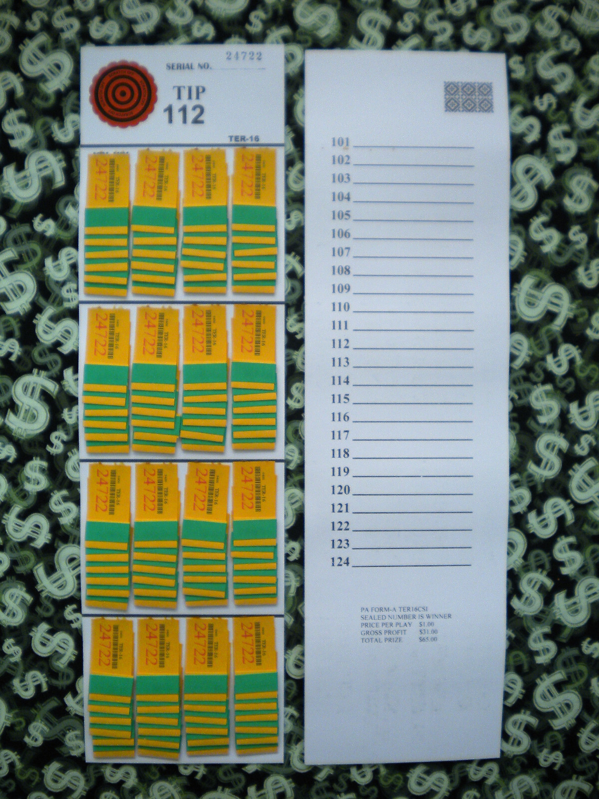 ( 4 LOT ) ~ 96 TER-16 REGULAR “NOT Sure” TIP BOARD {101-124} Pull Tab Jar Ticket