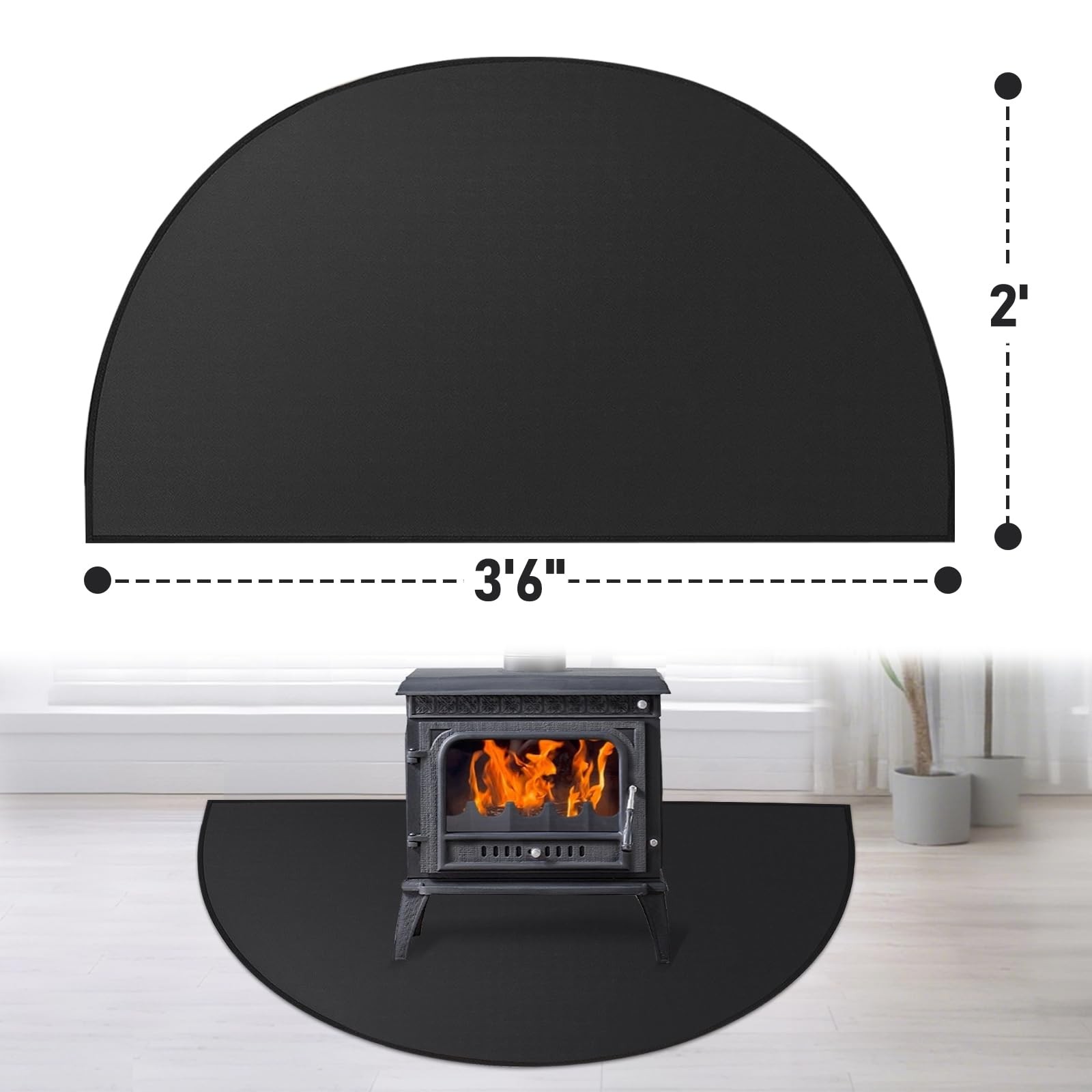 Fireplace Mat Fireproof, 2′ x 3’6” x 0.04” x 3’6″ (Semicircular), Black